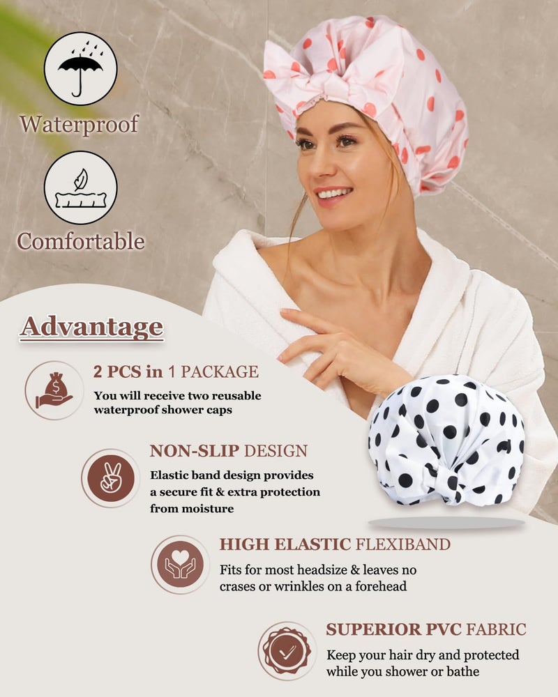 Luvruitaky Shower Cap 2Pcs Shower Caps for Women Reusable Waterproof Hair Cap for Shower with Adjustable Bowknot Luxury Bath Cap for Women (Black Dot & Pink Dot) - Image 3